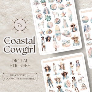 Op de afbeelding: Een set van 76 digitale stickers met een kust-cowgirl thema. De stickers bevatten illustraties van een cowgirl, een surfboard, schelpen, sterren en andere kust elementen. De stickers zijn voorgeknipt voor Goodnotes en Noteshelf.
