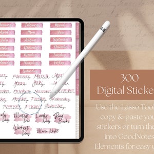 May include: A digital planner on a tablet shows pink and white stickers for months, days, and activities. A stylus lies on the screen. The image includes the text "300 Digital Stickers" and instructions for use.