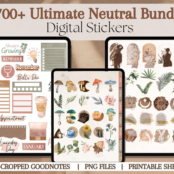 Ultimate Neutral Digital Sticker Bundle for GoodNotes | 1700+ Neutral Aesthetic GoodNotes Planner Digital Stickers, Digital Sticker Book