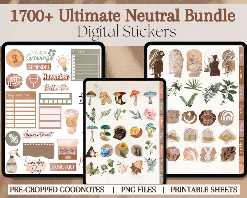 Ultimate Neutral Digital Sticker Bundle for Goodnotes | 1700+ Neutral ...