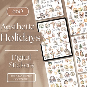Puede incluir: Un conjunto de 660 pegatinas digitales para Goodnotes con varios temas festivos, que incluyen Halloween, Acción de Gracias, Navidad, Pascua y más. Las pegatinas están ilustradas en un estilo acuarela con una combinación de colores marrón claro y blanco.