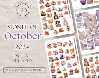 May include: A digital sticker set for October 2024 with 420 pre-cropped stickers for Goodnotes. The stickers feature a watercolor style with fall themes like pumpkins, leaves, and witches.