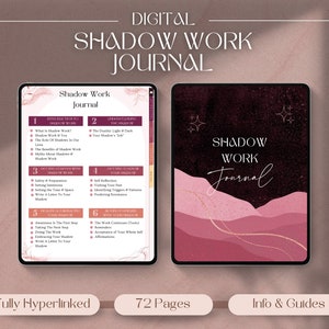 Puede incluir: Un diario digital con una portada rosa y negra con el texto "Shadow Work Journal". El diario tiene 72 páginas y está completamente hipervinculado. La portada presenta una cadena montañosa estilizada con acentos dorados.