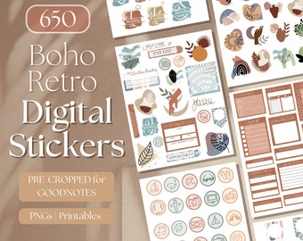 Boho Sticker Pack Digital | Boho Retro Digital Planner Stickers | 650 Digital Sticker Book For Goodnotes, Boho Goodnotes Sticker Set [EF043]
