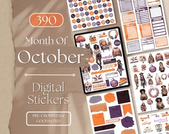 May include: A collection of digital stickers for the month of October, featuring a variety of illustrations and designs. The stickers include pumpkins, witches, and other Halloween-themed elements, with the text "Month of October" and "Digital Stickers".