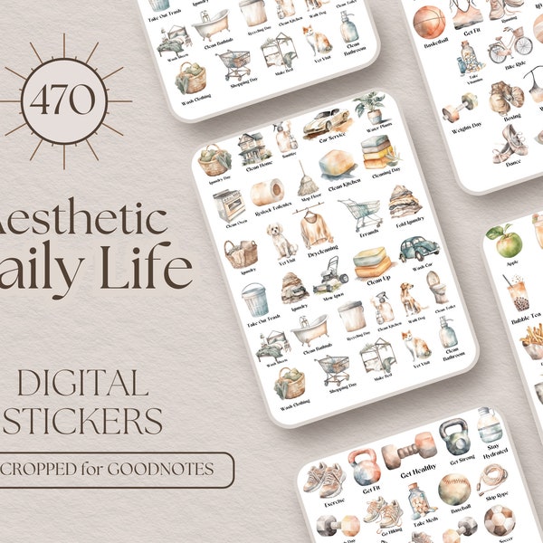 Aesthetic Stickers for GoodNotes | 470 GoodNotes Planner Stickers Everyday, Digital Planner Stickers Neutral, Aesthetic Pre-Cropped Stickers