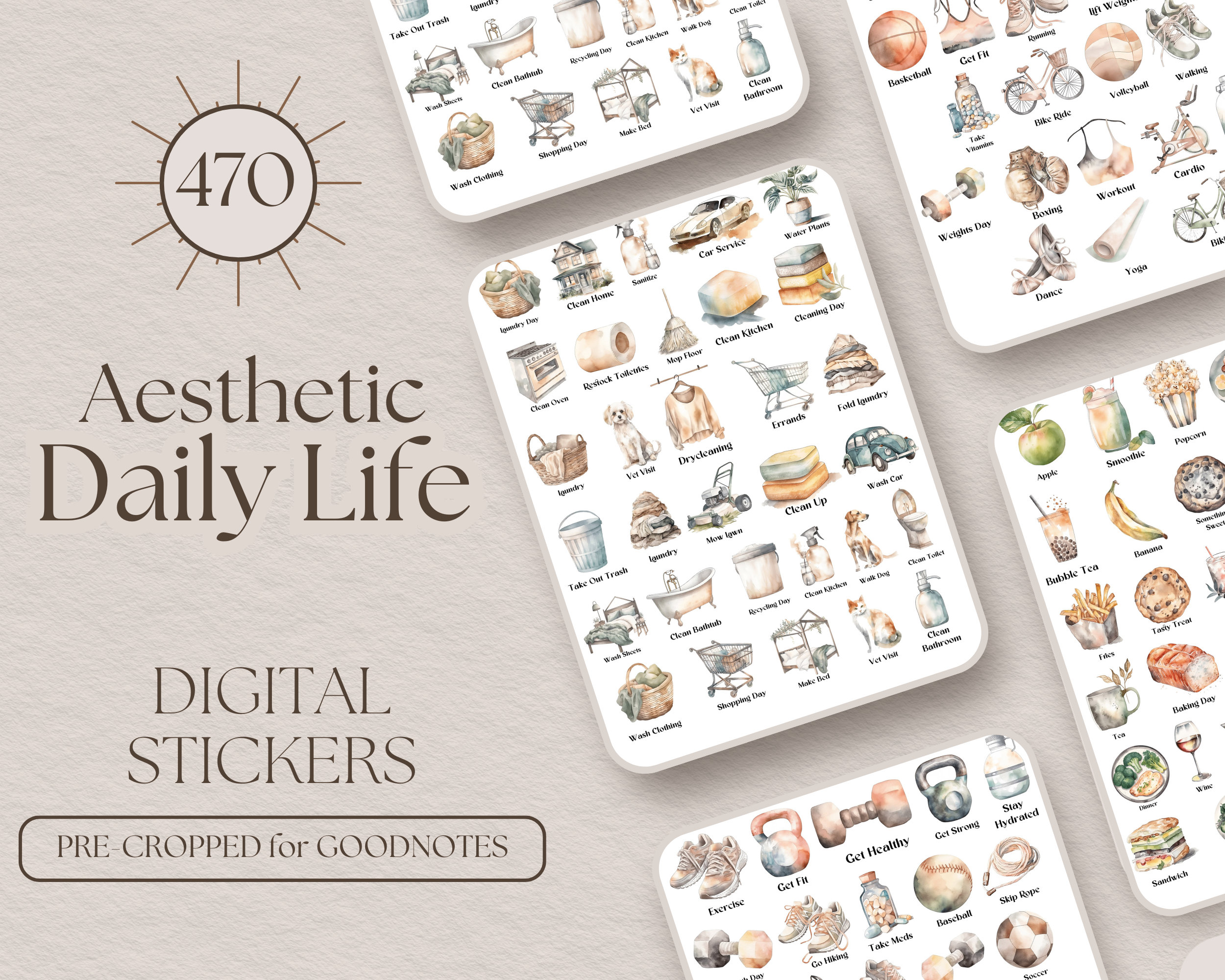 Aesthetic Stickers for GoodNotes | 470 GoodNotes Planner Stickers Everyday, Digital Planner Stickers Neutral, Aesthetic Pre-Cropped [EF077]