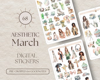 May include: A set of 68 digital stickers for Goodnotes featuring a variety of aesthetic illustrations, including flowers, people, and objects. The stickers are pre-cropped and ready to use in your digital planner.