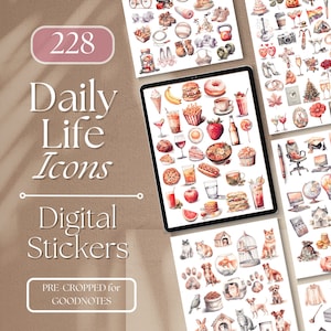 Könnte beinhalten: Ein Set mit 228 digitalen Stickern mit Aquarell-Illustrationen von Alltagsgegenständen, darunter Lebensmittel, Getränke, Tiere und Haushaltsgegenstände. Die Sticker sind für Goodnotes zugeschnitten.