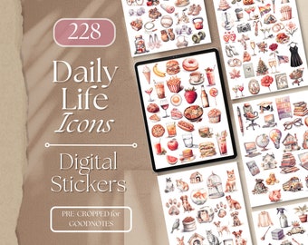 Daily Life Digital Stickers ICONS GoodNotes Stickers | 228 Digital Planner Stickers, GoodNotes Planner Digital Books Stickers [EF067]