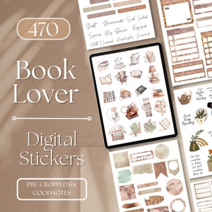 Bookish Planner Stickers Digital | Digital Stickers BOOK LOVER | Book Lovers GoodNotes Stickers | 370 Neutral Aesthetic GoodNotes