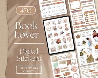 Bookish Planner Stickers Digital | Digital Stickers BOOK LOVER | Book Lovers GoodNotes Stickers | 370 Neutral Aesthetic GoodNotes [EF017]