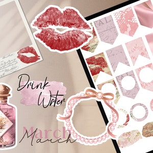 May include: A selection of stickers with a feminine theme. Features a lipstick kiss mark, a perfume bottle, a pearl frame, and decorative banners. The text "Drink Water" and "March" are visible. The colour scheme is soft pink and beige.