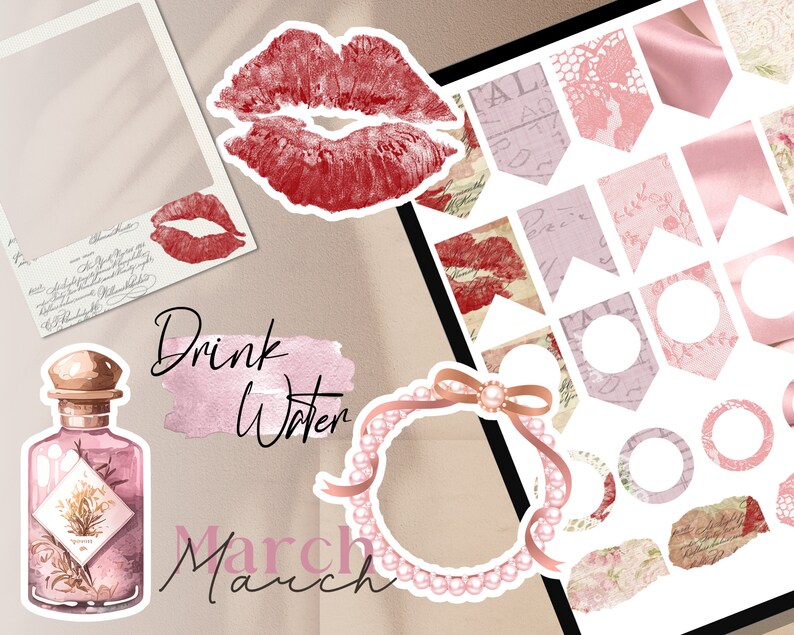 May include: A selection of stickers with a feminine theme. Features a lipstick kiss mark, a perfume bottle, a pearl frame, and decorative banners. The text "Drink Water" and "March" are visible. The colour scheme is soft pink and beige.