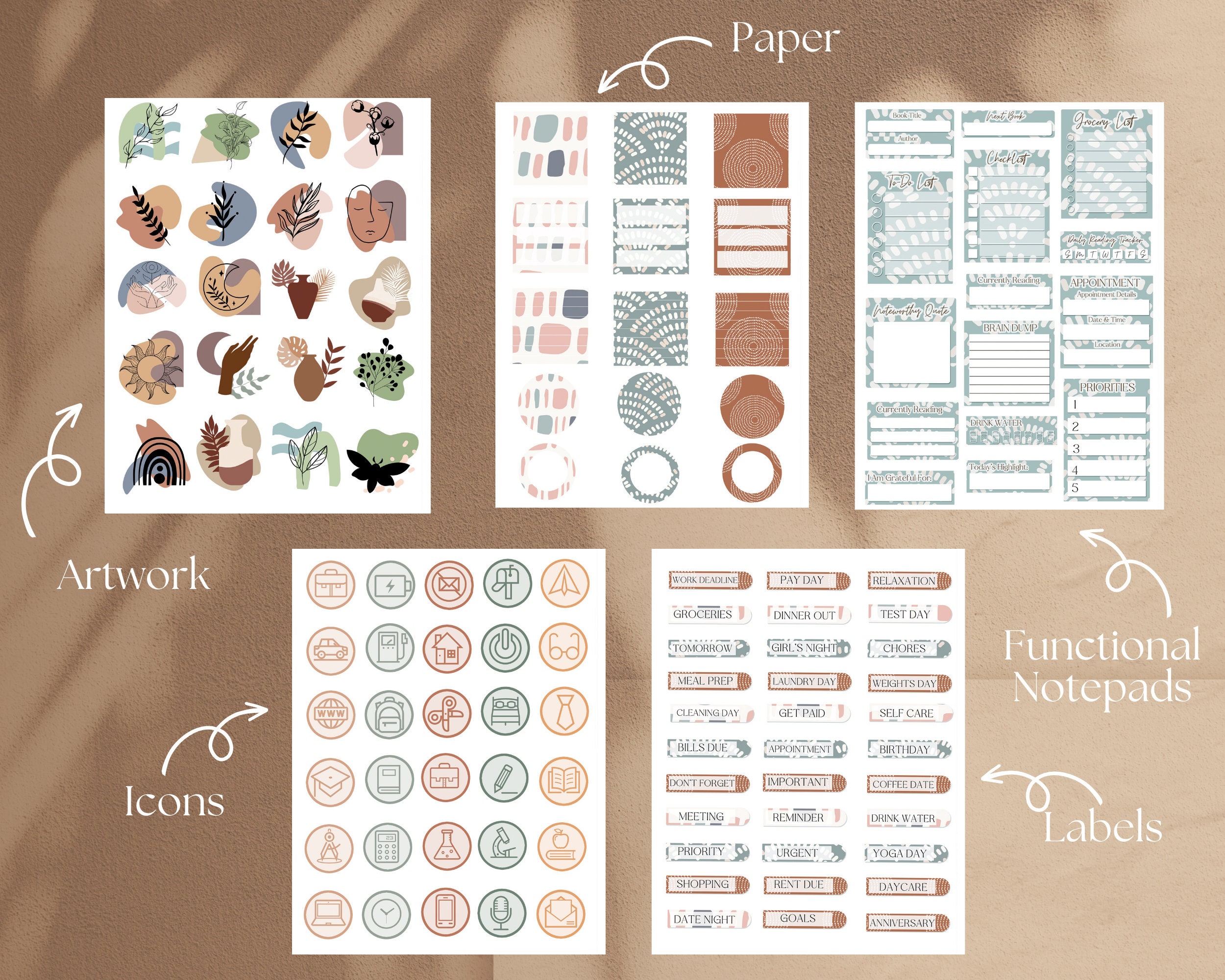 Boho Sticker Pack Digital | Boho Retro Digital Planner Stickers | 650 ...