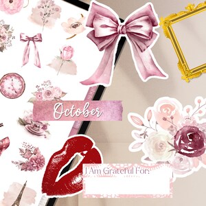 May include: A collection of watercolour stickers featuring pink bows, roses, floral bouquets, a gold frame, a clock, a key, and the word "October". The stickers have a feminine theme.