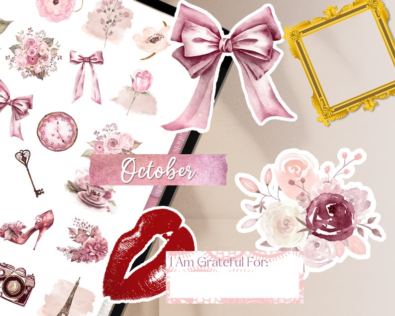 May include: A collection of watercolour stickers featuring pink bows, roses, floral bouquets, a gold frame, a clock, a key, and the word "October". The stickers have a feminine theme.