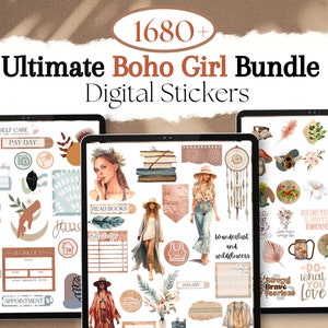 May include: A digital sticker bundle featuring over 1680 boho-themed illustrations. The stickers include images of women, flowers, plants, dreamcatchers, and other bohemian elements. The stickers are perfect for adding a touch of whimsy and personality to planners, journals, and other creative projects.
