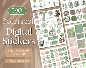 May include: 590 Botanical Digital Stickers, a set of pre-cropped digital stickers for Goodnotes, featuring green and brown illustrations of plants, leaves, and other botanical elements. The stickers are designed for use in digital planners and journals.