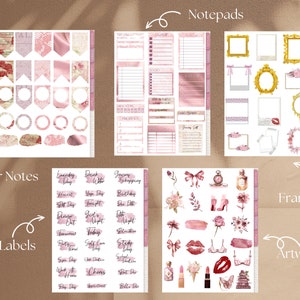 May include: Digital planner stickers and paper notes in shades of pink and white. The image includes notepads, frames, labels, and artwork with floral and feminine designs. The text includes "Paper Notes", "Notepads", "Labels", "Frames", and "Artwork".