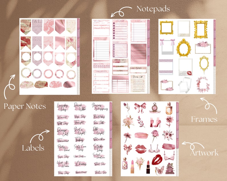 May include: Digital planner stickers and paper notes in shades of pink and white. The image includes notepads, frames, labels, and artwork with floral and feminine designs. The text includes "Paper Notes", "Notepads", "Labels", "Frames", and "Artwork".