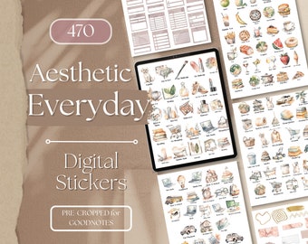 Stickers esthétiques pour GoodNotes | 470 stickers muraux GoodNotes pour tous les jours, stickers numériques prérecadrés, neutres et esthétiques