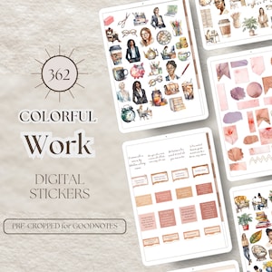 Könnte beinhalten: Ein digitaler Sticker-Set mit 362 bunten Illustrationen für die Arbeit. Das Set enthält Bilder von Frauen, Kaffeetassen, Bürobedarf und motivierenden Zitaten. Die Sticker sind für Goodnotes zugeschnitten.