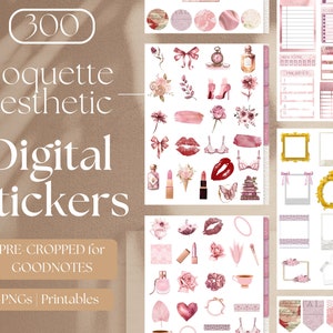May include: Digital stickers with a coquette aesthetic, featuring pink and gold elements. The image includes various stickers like bows, lipstick, perfume bottles, and frames. Text on the image reads "300 Coquette Aesthetic Digital Stickers" and "PRE-CROPPED for GOODNOTES PNGs Printables."