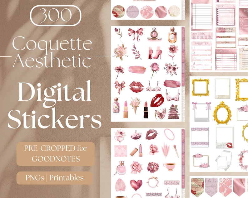 May include: Digital stickers with a coquette aesthetic, featuring pink and gold elements. The image includes various stickers like bows, lipstick, perfume bottles, and frames. Text on the image reads "300 Coquette Aesthetic Digital Stickers" and "PRE-CROPPED for GOODNOTES PNGs Printables."