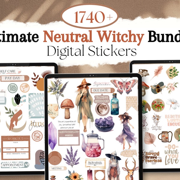 Ultimate Neutral Witchy Digital Sticker Bundle for GoodNotes | 1740+ Neutral GoodNotes Planner Digital Stickers, Digital Sticker Book