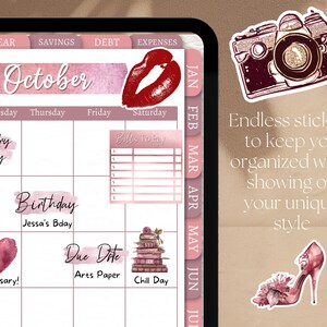May include: Digital planner in pink and white, featuring an October calendar layout. Includes stickers for Laundry Day, Birthday, and Anniversary. Text reads: "Endless stickers to keep you organised while showing off your unique style."