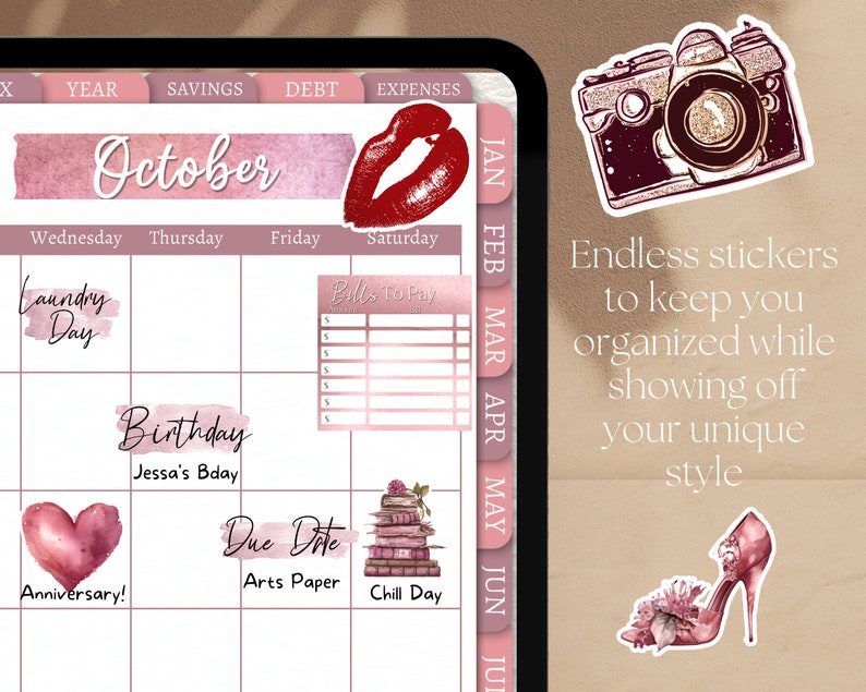 May include: Digital planner in pink and white, featuring an October calendar layout. Includes stickers for Laundry Day, Birthday, and Anniversary. Text reads: "Endless stickers to keep you organised while showing off your unique style."