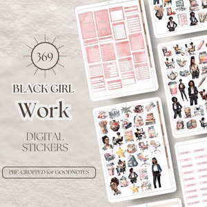 Può includere: Sticker digitali per Goodnotes con illustrazioni di donne nere che lavorano in ufficio. Gli adesivi includono immagini di donne sedute alle scrivanie, che lavorano su laptop e che tengono tazze di caffè. Ci sono anche adesivi di articoli da ufficio, come una macchina per il caffè, una graffatrice e un portapenne.