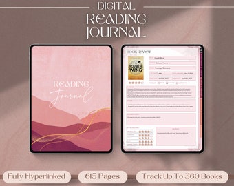 Puede incluir: Un diario de lectura digital con un diseño abstracto rosa y dorado. El diario tiene 615 páginas y puede hacer un seguimiento de hasta 360 libros. La portada dice "Reading Journal".