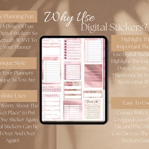 May include: Digital planner stickers on a tablet screen, featuring pink and beige designs for to-do lists and appointments. The image includes text stating "Why Use Digital Stickers?" and highlights benefits such as unique style and ease of use for planning.