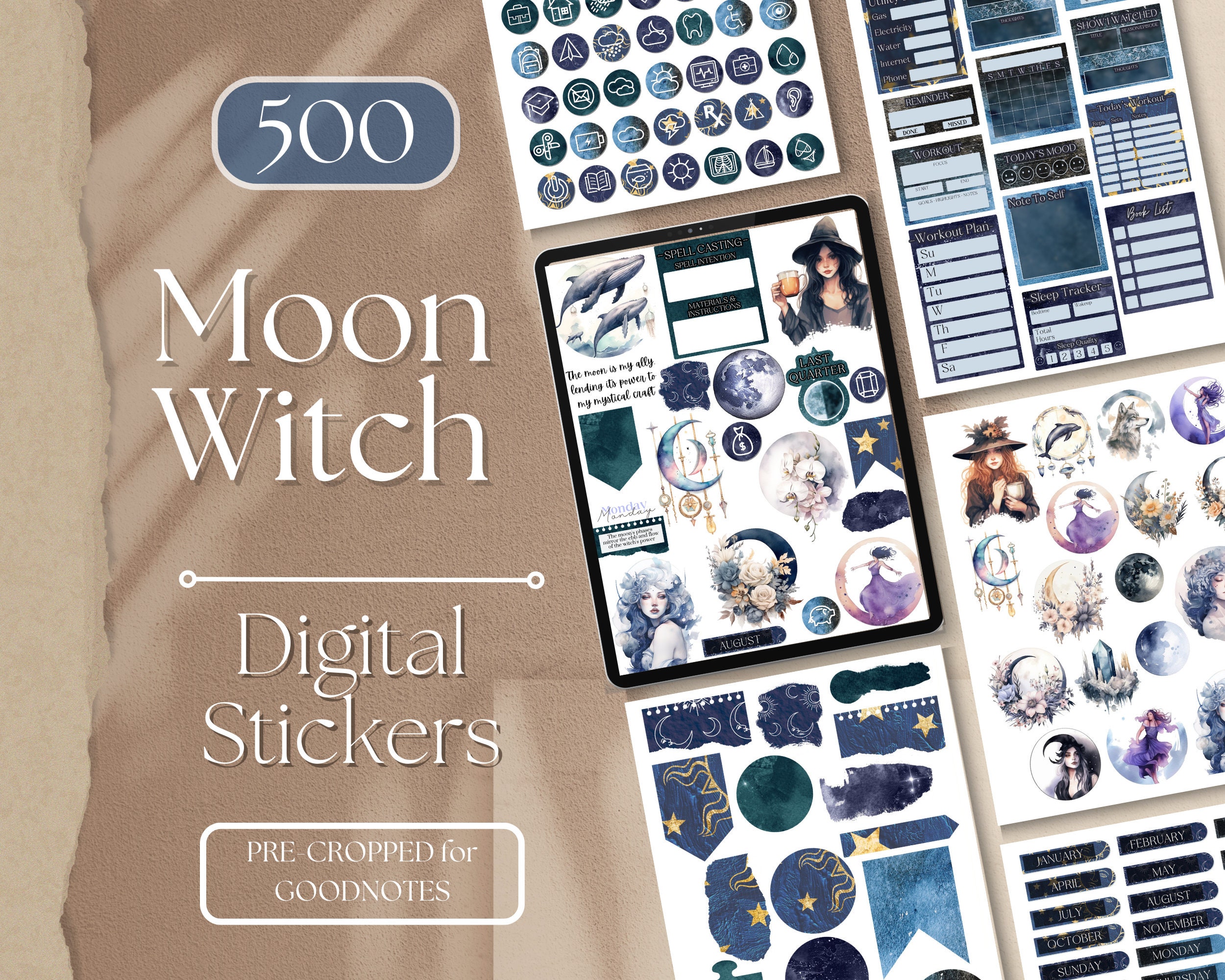 Witchy Planner Stickers Digital | Moon Witch Digital Planner Stickers, 507 Goth Witch Goth Planner Stickers, GoodNotes Digital [EF057]