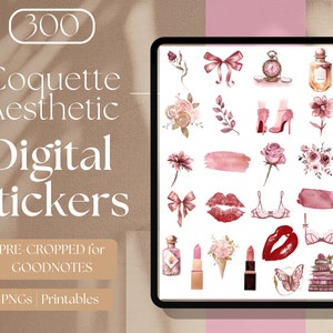 May include: A digital image showcasing a selection of "Coquette Aesthetic Digital Stickers" on a tablet. The stickers are watercolour illustrations of bows, flowers, perfume bottles, lipstick, and lingerie in pink and red hues. The image also includes the text "300", "Pre-Cropped for Goodnotes", and "PNGs | Printables".