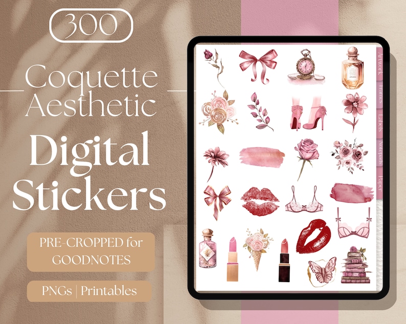 May include: A digital image showcasing a selection of "Coquette Aesthetic Digital Stickers" on a tablet. The stickers are watercolour illustrations of bows, flowers, perfume bottles, lipstick, and lingerie in pink and red hues. The image also includes the text "300", "Pre-Cropped for Goodnotes", and "PNGs | Printables".