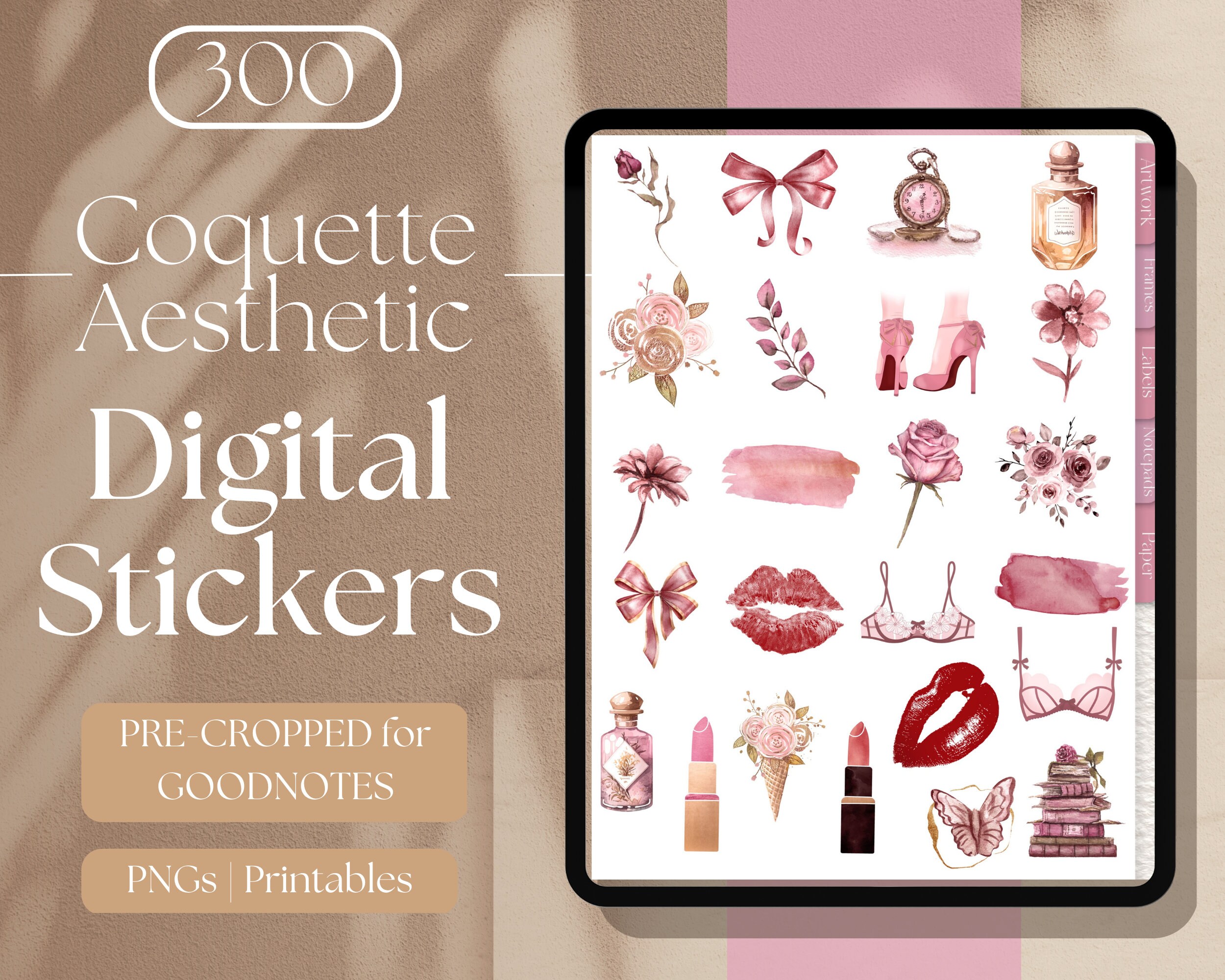 Coquette Aesthetic GOODNOTES STICKERS 300 Neutral Aesthetic Goodnotes  Planner Digital Books Stickers Pack, Aesthetic Digital Sticker Book 