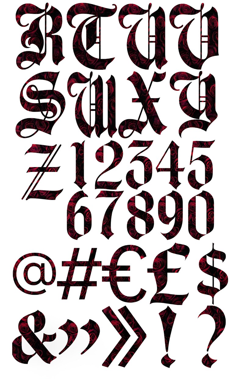 Old English Alphabet Red Roses Letters Numbers Character Etsy