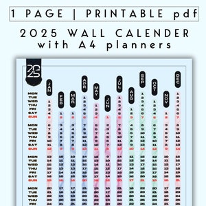 2025 Printable Wall Poster Vertical Calendar, Daily - Weekly Planner