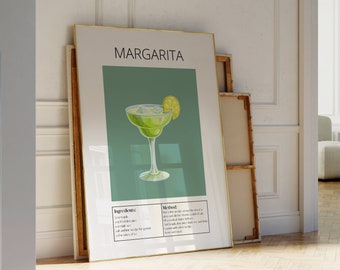 Margarita Print, Minimal Cocktail Wall Art, Cocktail Recipe Poster | Digital Wall Art, Apartment Decor | Cocktail Poster For Kitchen