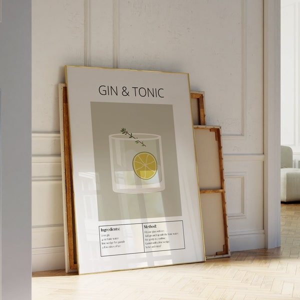 Gin&Tonic Recipe Poster, Minimal Cocktail Wall Art, Drink Print | Digital Wall Art, Apartment Decor | Cocktail Poster For Kitchen Decor