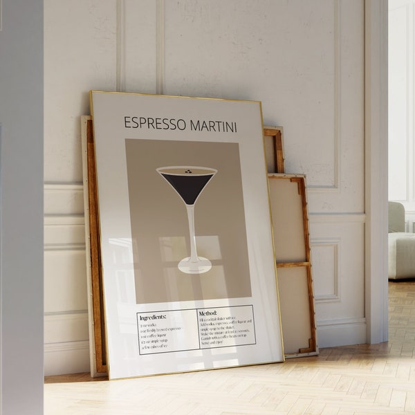 Espresso Martini Print, Minimal Cocktail Wall Art, Cocktail Recipe Poster | Digital Wall Art, Apartment Decor | Cocktail Poster For Kitchen