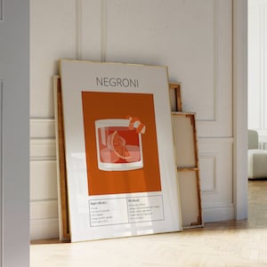 Negroni Print, Minimal Cocktail Wall Art, Cocktail Recipe Poster | Digital Wall Art, Apartment Decor | Cocktail Poster For Kitchen