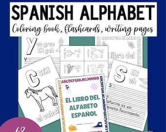 May include: A set of 68 printable pages for learning the Spanish alphabet. The pages include coloring pages, flashcards, and writing practice sheets. The pages feature illustrations of a horse, a planet, a flower, and a snowman. The title "El Libro del Alfabeto Español" is featured on one of the pages.