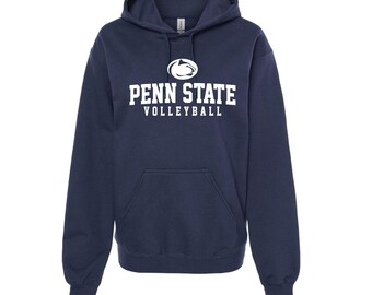 May include: Navy blue hooded sweatshirt with a front pocket and drawstring. The white text on the front reads "PENN STATE VOLLEYBALL" with the Penn State logo above the text. The sweatshirt is made of a soft material.