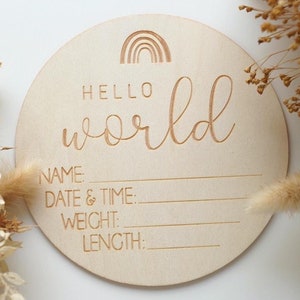 Baby Willkommensschild "Hello World"-Geburt Geschenk personalisiert-Meilensteinkarte Geburt für Fotos-Babyzimmer Deko Name und Geburtsdaten