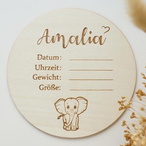 Personalisiertes Namensschild zur Geburt, Holzschild graviert, Geschenke zur Geburt, personalisiertes Geschenk Tier Motiv Elefant