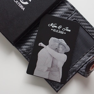 Grußkarten personalisiert in 3 Stärken, schwarze Aluminium Karte Lasergravur, Paargeschenk, Geschenkidee Geldbörse, Beziehung Geschenk